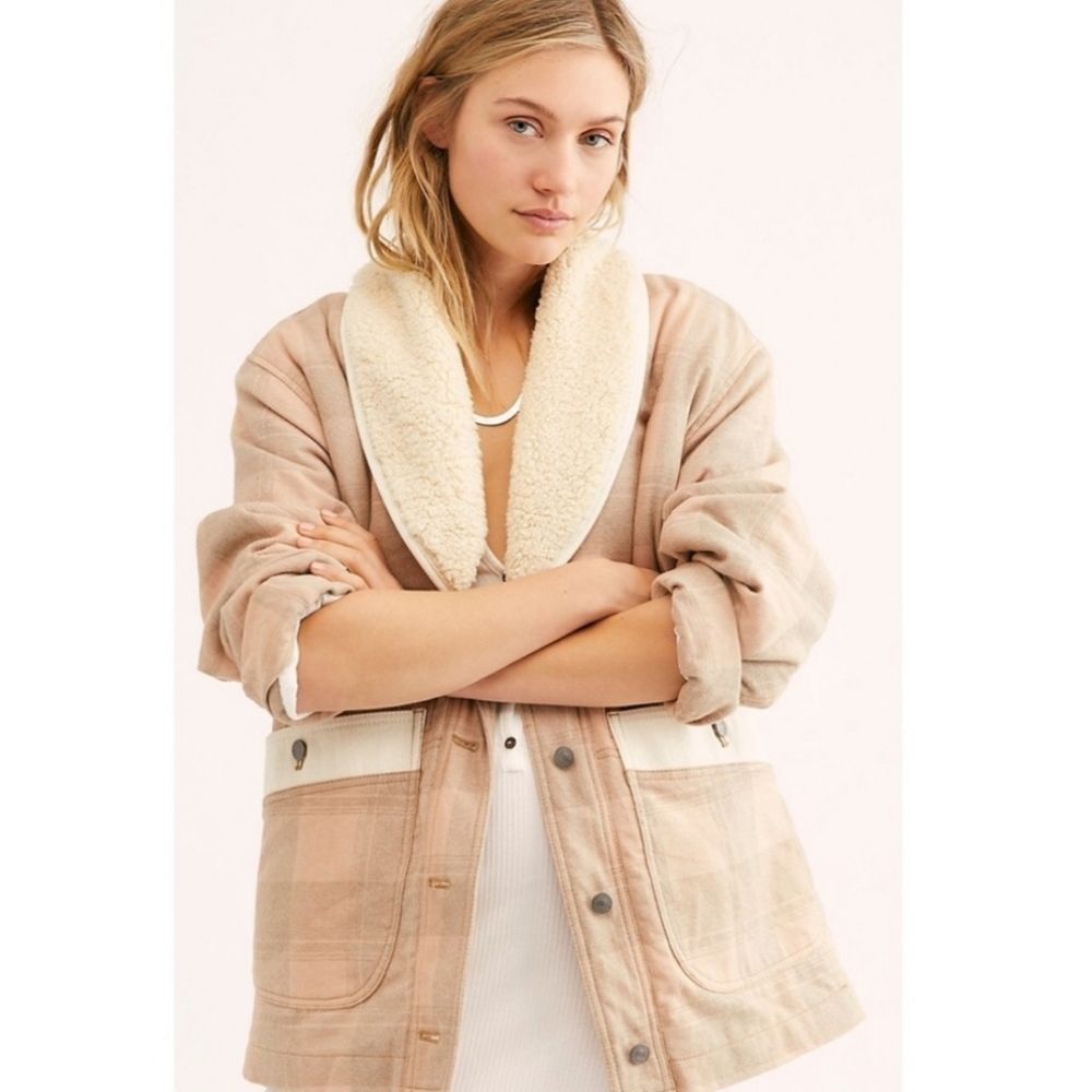 We the Free Woodlands Plaid Sherpa Jacket Beige flannel boho